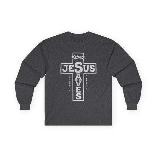 Jesus Saves Cross Long Sleeve Tee — Christian Faith Graphic Shirt